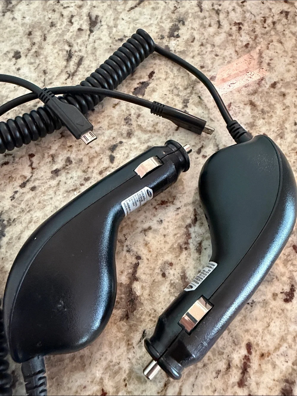 2 Samsung Black In-Car Chargers with Coiled Cable